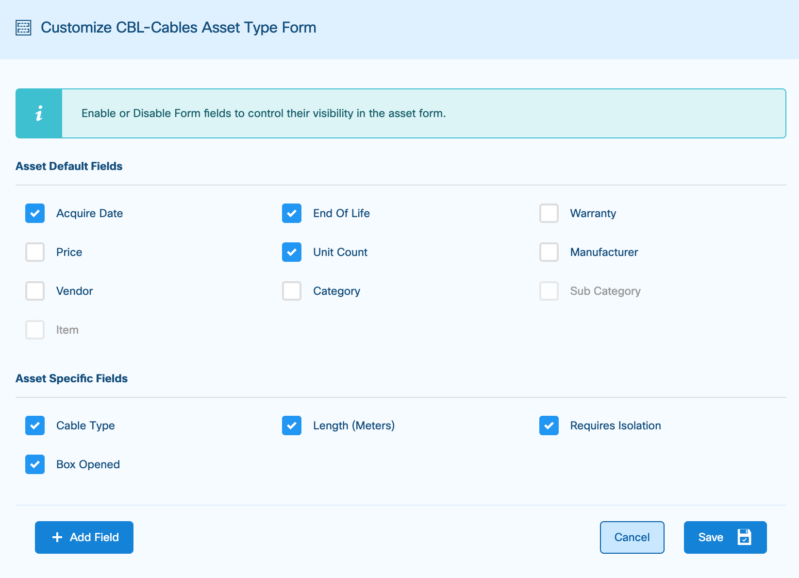 Asset Fields Options