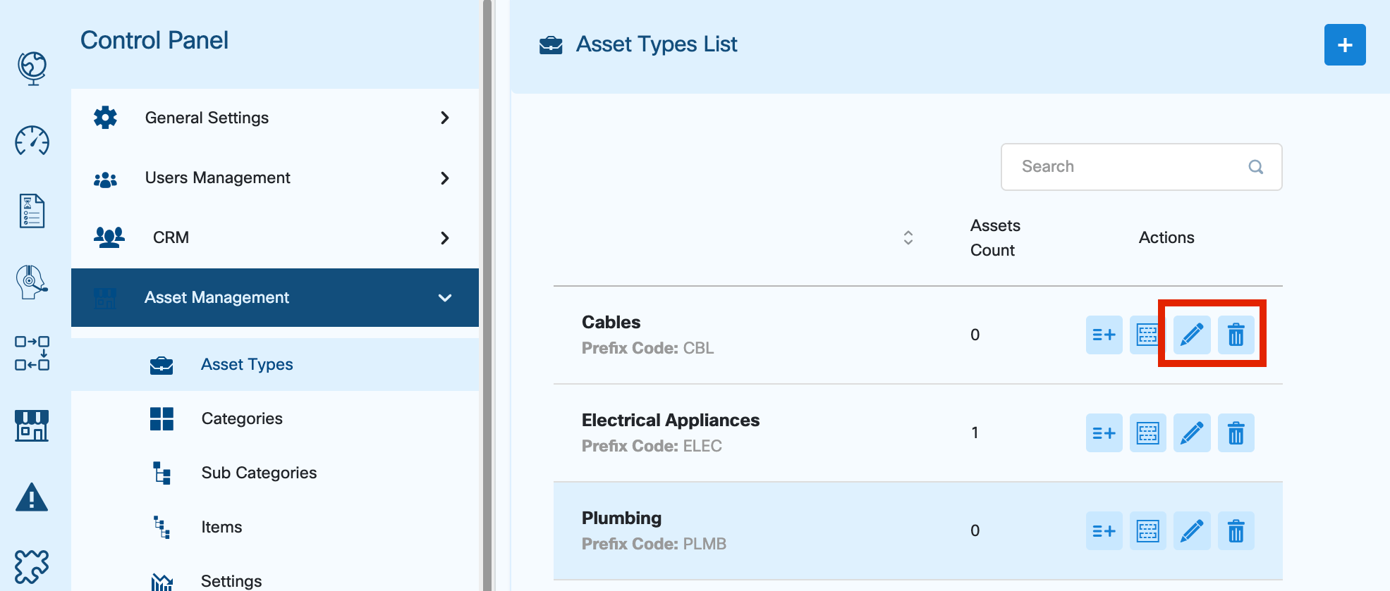 Asset Types Edit and Delete Options